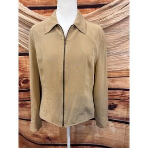 Via‎ Seta Womens Tan Long Sleeve Zip Front 100% Silk Blouse, Size 12
